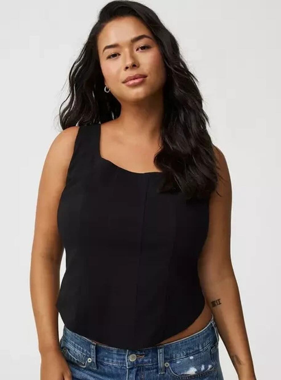 Torrid Corset Tank Top Size 00X Black Square Neck Zip Back Stretch Boning Lined